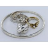 Mixed lot of silver jewellery to include a push on bangle, a tree of life bracelet, a toe ring, gold