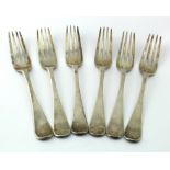 Six silver forks, hallmarked 'S.H.D.C., London 1843', crest to handle of each, length 20.5cm, weight