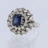 White metal tests 18ct sapphire and diamond double cluster ring, emerald-cut sapphire weight