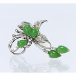 Stamped 'PLAT' foliate brooch, five pear shaped cabochon jadeite's measuring 9mm x 6mm, set with