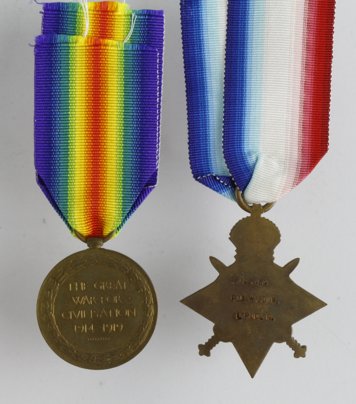 1915 Star & Victory Medal to 23454 Pte W Lowe Liverpool Regt. Served with 14th and 18th Bn's. (2) - Image 2 of 2