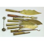 WW1 trench art paper knives etc. Made from bullet casings engraved with various campaigns on the