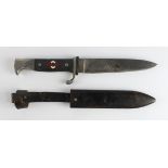 German Nazi Hitler Youth dagger with metal scabbard and leather frog. Blade has been re edged. Maker