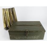 Metal transit chest to hold 12x 7.62mm LMG Magazines (scarce), with 4x 40mm Bofors cartridge cases