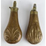 19th Century copper & brass Powder Flasks, one by James Dixon of Sheffield (Clam shell design), then