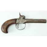 Belgian boxlock percussion pocket pistol, octagonal barrel 3", approx 50 Bore, W/Order with