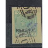 Nevis 1882 6d green stamp overprinted REVENUE, SG.F8, on piece with A09 cancellations.
