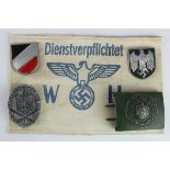 German Whermacht items, belt buckle, General Assault badge, armband etc.