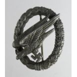 German Nazi Luftwaffe Parachutist Badge, no makers mark, silver wash ? pin hook with crude repair