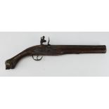 Eastern / Turkish flintlock pistol, barrel 11", approx 10 bore, swan neck cock, action a/f. Rusted