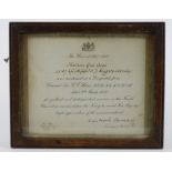 WW1 Mentioned In Despatches Certificate in old glazed frame, named to 53187 L/C (A./Cpl) F J Knights