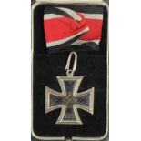 German Knights Cross of the Iron Cross, three piece made, magnetic core, 800 silver stamped, cased.