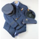 RAF post WW2 officers navigators uniform with jacket, trousers, shirt and three hats in excellent