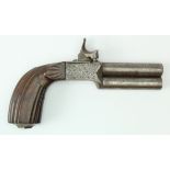 Double barrelled, over & under boxlock, turn off, percussion pocket pistol. Twin hammers, fluted