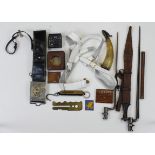 Mixed militaria inc Martini Henry bayonet, one other Spike bayonet, tribal sword, shoulder belts,