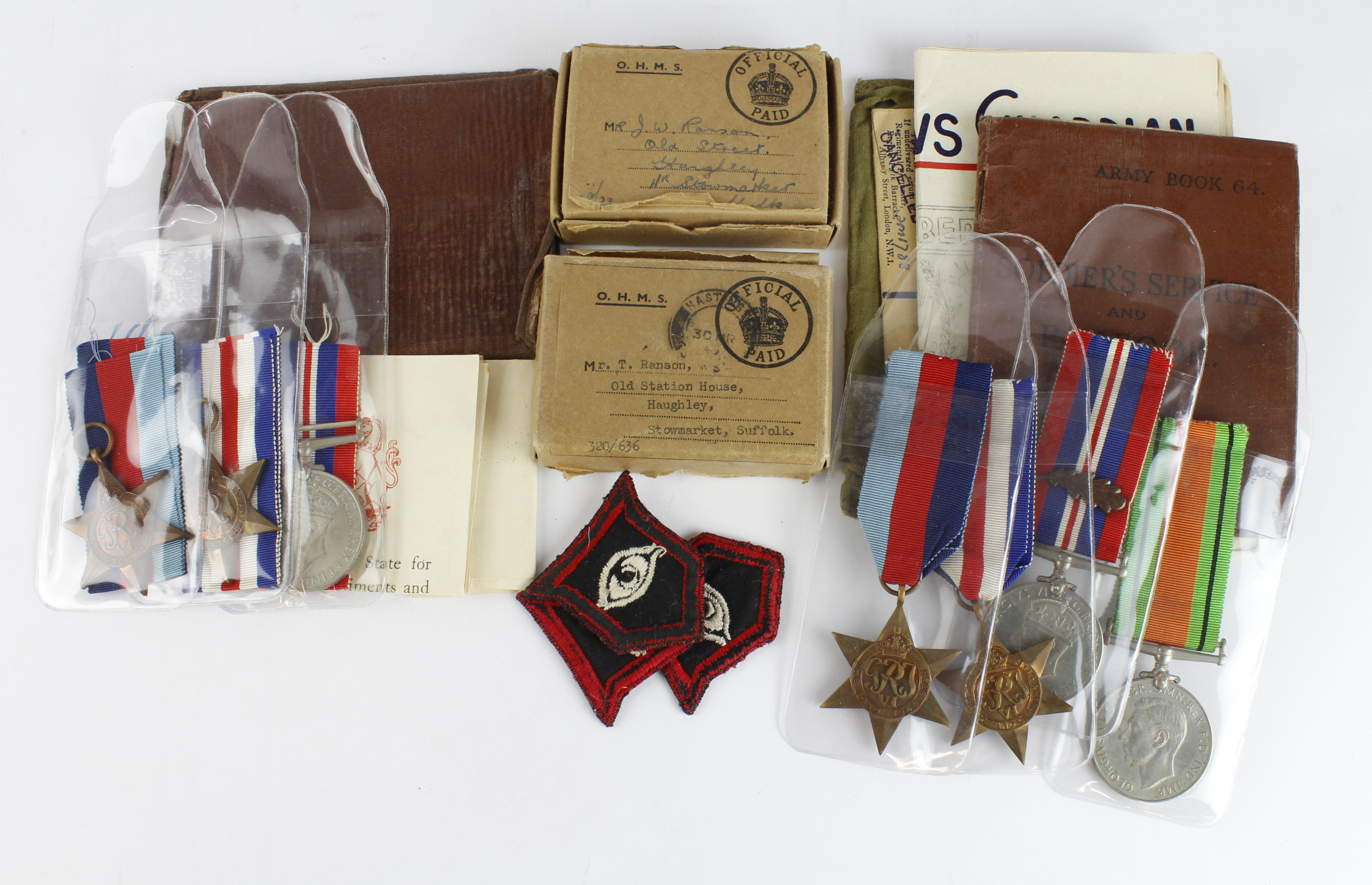 WW2 family medals with original boxes of issue (Haughley, Suffolk) and paperwork. T/139088 L/Cpl T