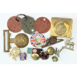 Badges bag of mixed lapel badges, ID tags, RN officers belt buckle etc.