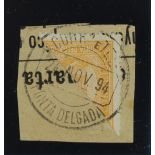 Portugal Azores 1894 bisect stamp used on piece with Ponta Delgada 1894 cds postmark. Appears to