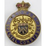 Police WW1 Oldham (Borough) Special Constable brass & enamel badge, has a horseshoe fitting. Maker