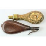 Flasks - ornate "Game Bird" brass & copper flask by Hawksley of Sheffield, panel slightly a/f, and a