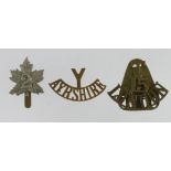 Badges - 2nd Canadians cap badge, with shoulder titles Y/Ayrshire, and T/15/London. (3)