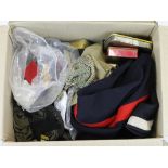 Large box full of very mixed Militaria including boots, uniform, trench art jug, headgear, a few