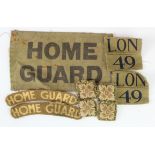 WW2 Home Guard cloth insignia consisting of Home Guard armband, pair of 49th London bn dive patches,