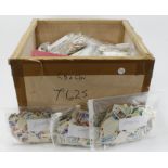 Large all World off paper mix in tea chest type box. Most sorted into countries, a few FDC's