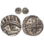 Anglo-Saxon silver sceat, Primary Series E (680-710 AD) Porcupine / Stepped Cross type 53. Obv: