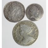 Early milled silver (3): Shilling 1711 Fair, Sixpence 1696 scuffed GF, and Maundy Threepence 1762