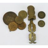 British 19thC bronze and brass commemorative medals etc (8) including a Harrison sovereign scale