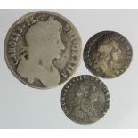 Early Milled Silver (3): Halfcrown 1683 Fair, Sixpence 1696 early harp, large crowns, F/GF, and