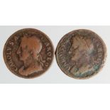 Farthings (2) Charles II varieties: 1674 first 1 over I in BRITANNIA, unlisted in Peck and Spink,