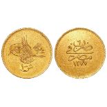 Egypt, Ottoman Empire gold 100 Kurush, AH 1277 year 6, 8.56g, KM# 263, nEF
