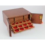 Coin Cabinet: 8.3x6.7x4.8 inches, mahogany, 8 trays of varying size spaces, with felts; lockable,