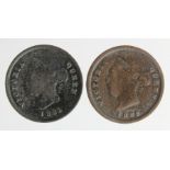 Cyprus Quarter Piastres (2): 1881 porous GF, and 1882H VG
