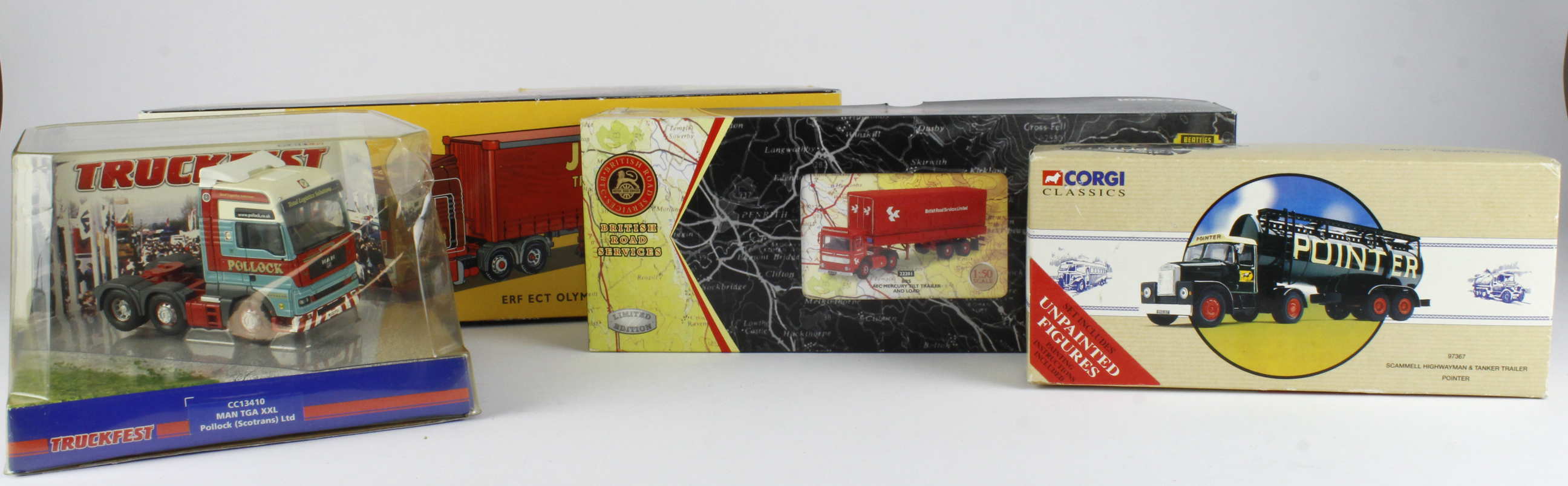 Corgi. Four boxed Corgi diecast models, comprising JR Adams (AN13418); AEC Mercury Tilt Trailer