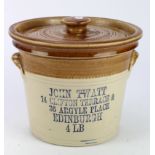 Scottish (Edinburgh) pottery Butter Crock inscribed John Twatt, 14 Clifton Terrace and 36 Argyle