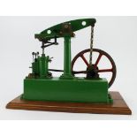 Stuart live steam stationary engine on an oak base, total height 30cm, length 41cm, depth 21cm