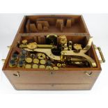 Henry Crouch brass microscope (no. 3721), height 44cm approx. with numerous lenses, etc. and various