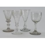 Collection of three Victorian slice cut glasses and an etched liqueur glass with raised hump in base