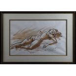 Reclining Nude by Leo Rawlings. Ink and wash. Signed lower right and dated 1975. Framed and