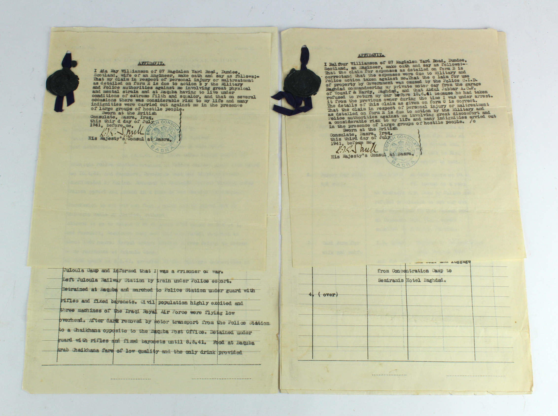 Basra interest. Two documents each bearing 'British Consulate Basra' inkstamps, including a claim