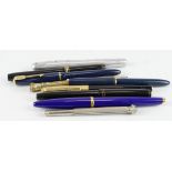 Pens. A group of nine fountain pens, pencils etc., including Watermen Carene, Parker Victory, Conway