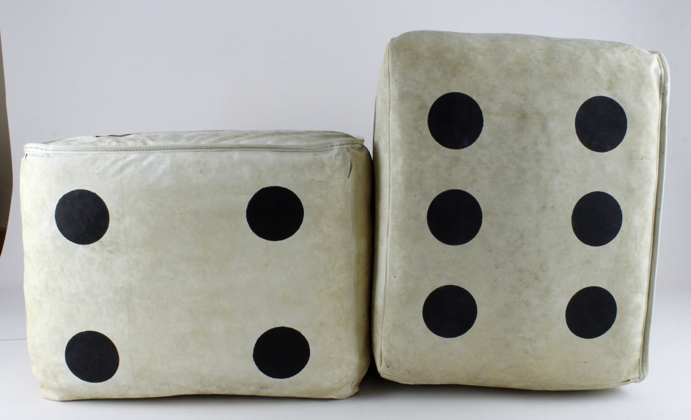 Two retro novelty foot stools / pouffe by Sherborne, depicting dice, height 27cm, diameter 47cm