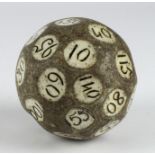 Dice. An unusual multi-sided ceramic (?) dice, in multiples of five, diameter 85mm approx., weight