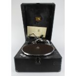 HMV His Masters Voice Model 102 portable gramophone, instructions present, height 17cm, width