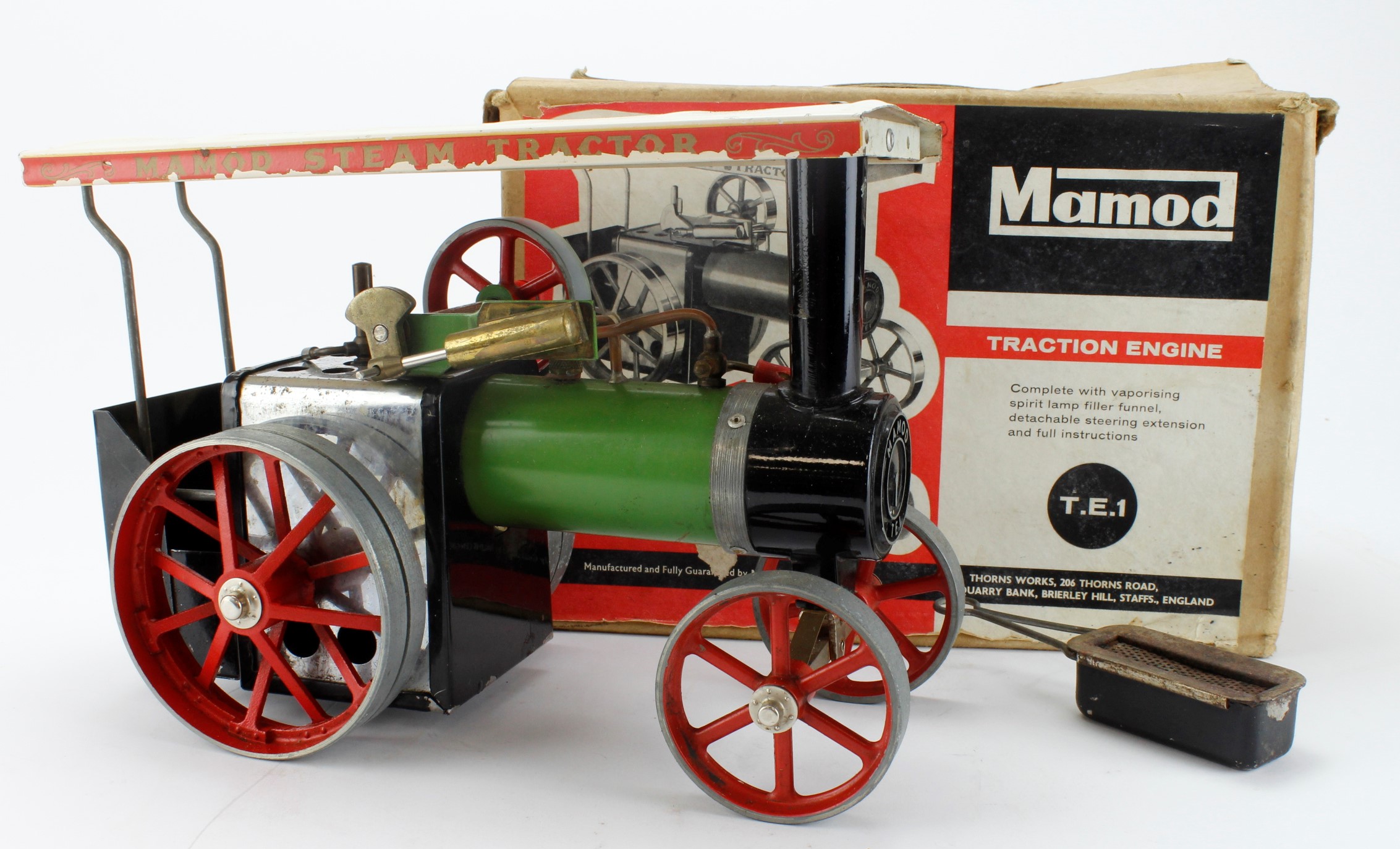 Mamod live steam TE1 traction engine, burner & back box present, contained in original box (sold