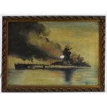 Admiral Graf Spee under siege. Oil on canvas board. Signed Harrison and dated 1940. Measures