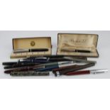 Fountain Pens. A group of approximately seventeen fountain pens, pencils, etc., makers include